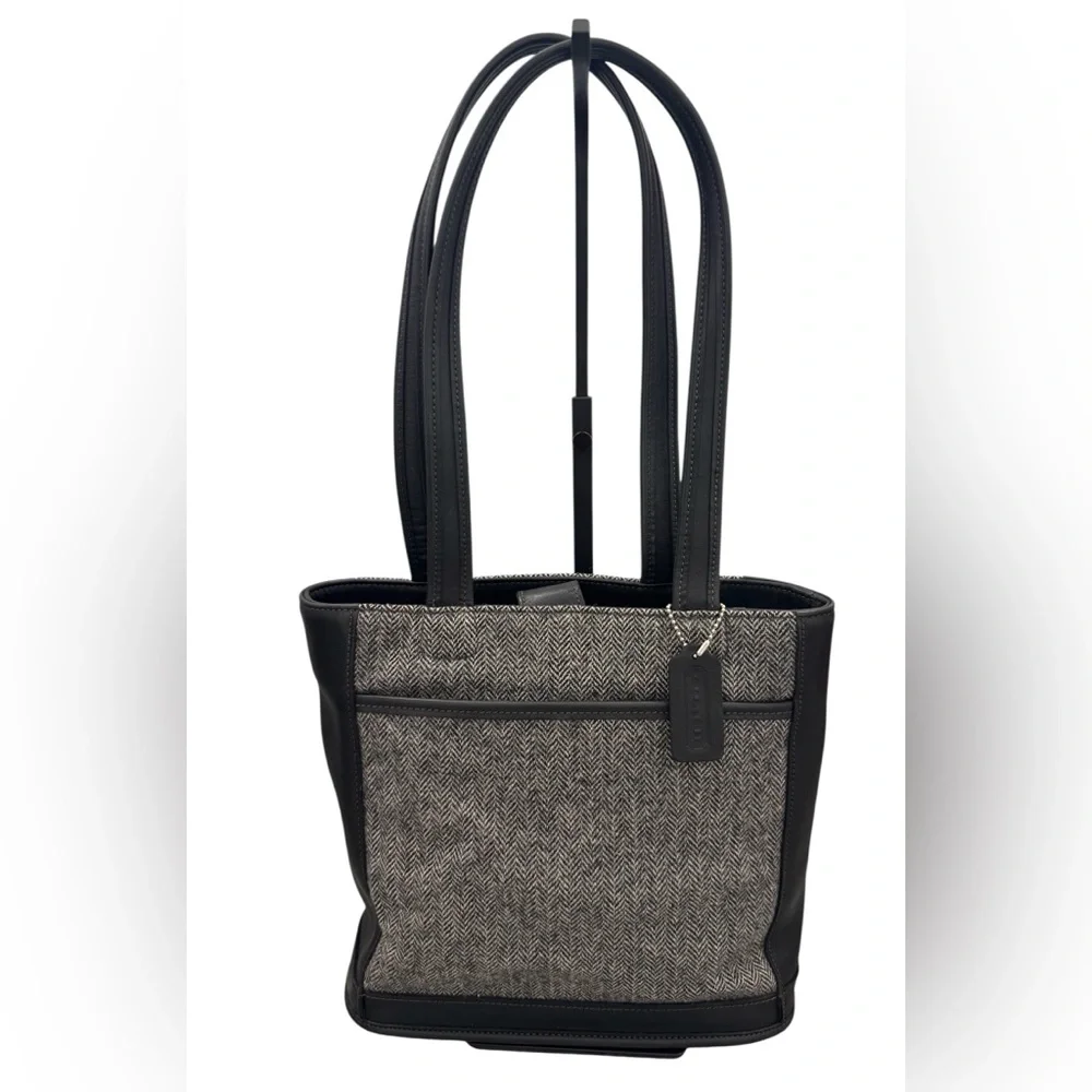 Coach Vintage Y2K 1999 Bleeker Black Leather Gray Tweed Wool Tote Shoulder Bag
